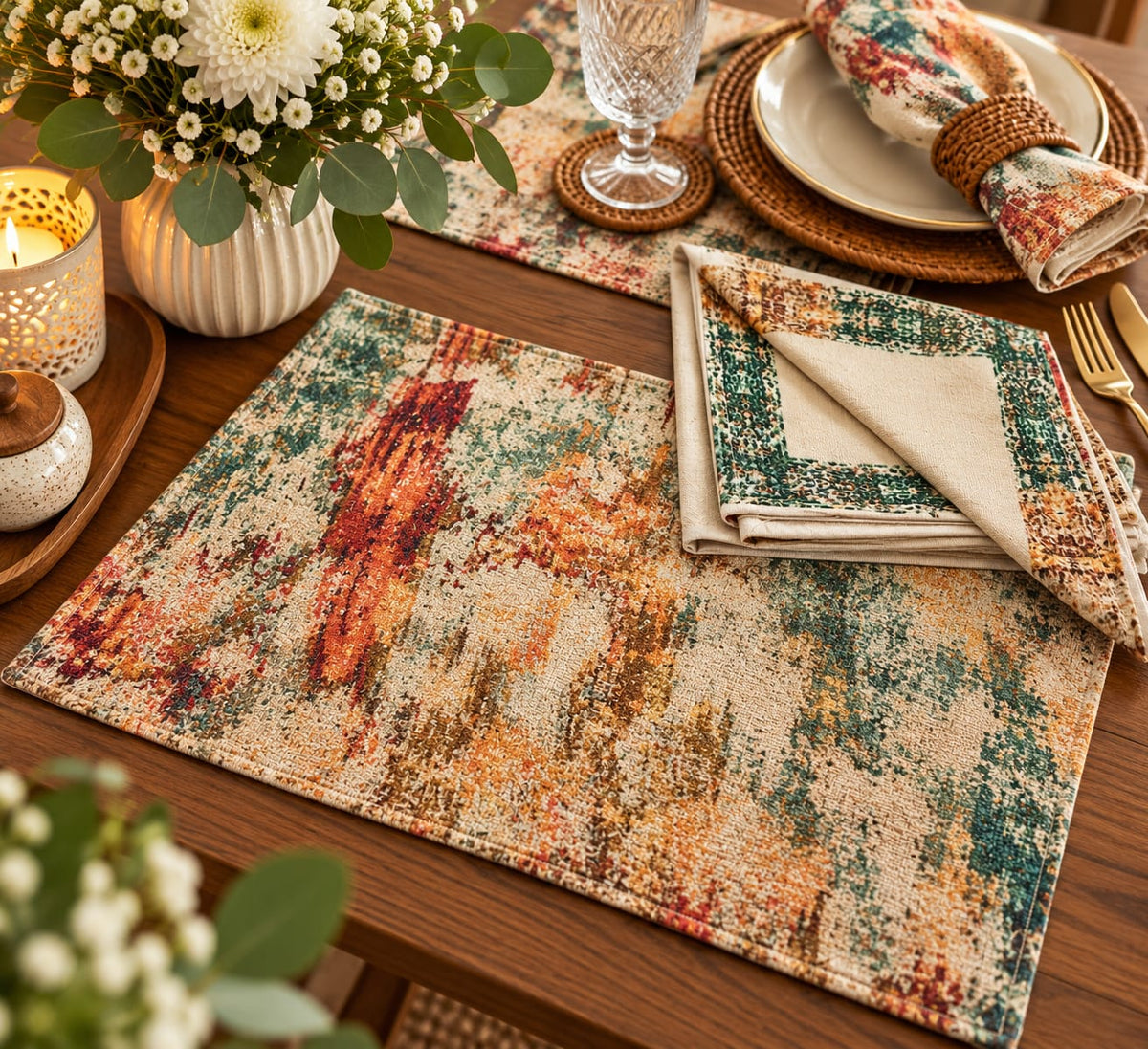 A styled dining table setting featuring a rectangular placemat with a distressed abstract pattern in beige, rust, teal, and brown, alongside matching napkins and place settings.