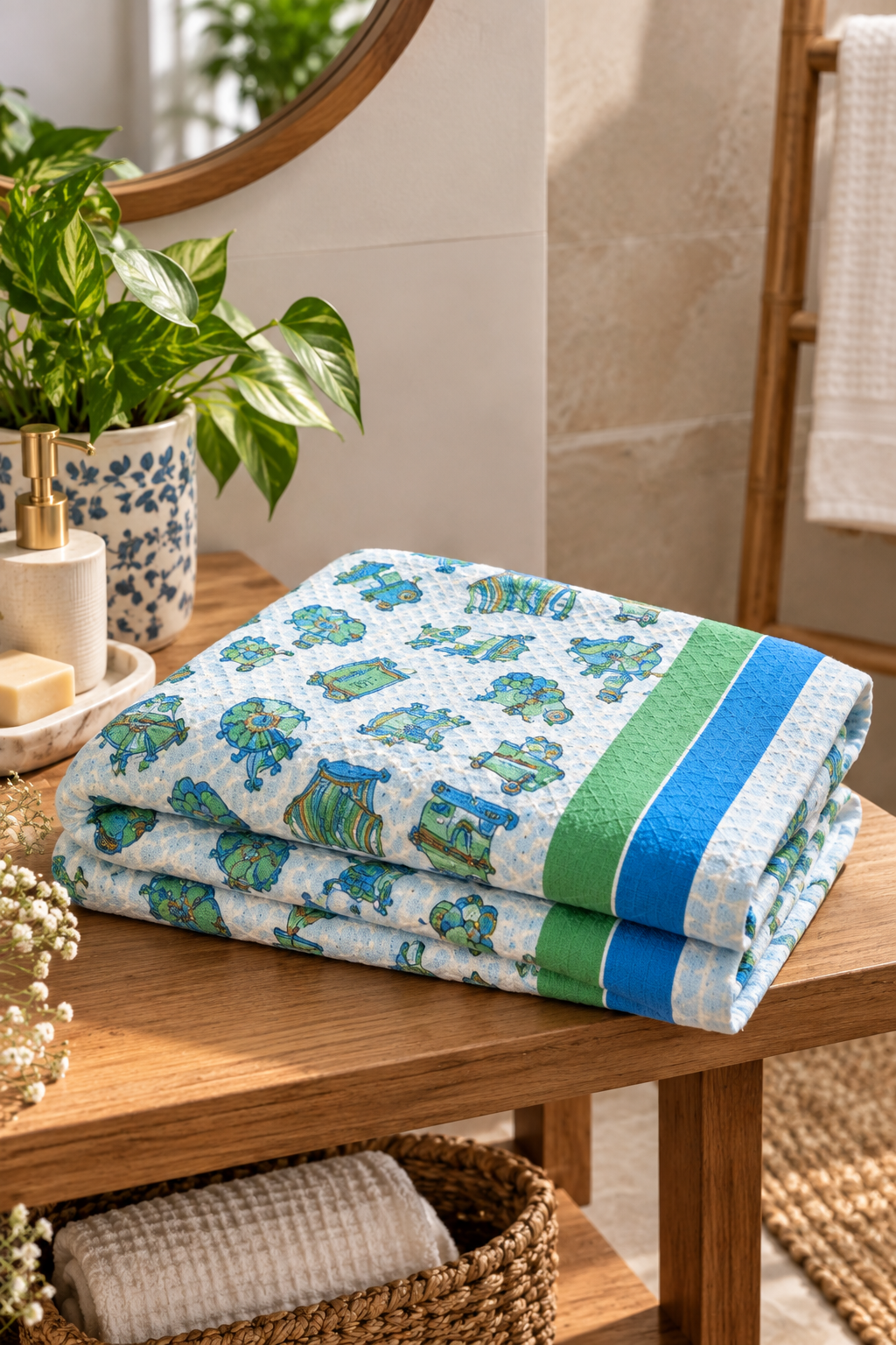 A folded cotton bath towel with a blue and green dinosaur pattern and striped border, displayed on a wooden bathroom table next to a plant and basket.