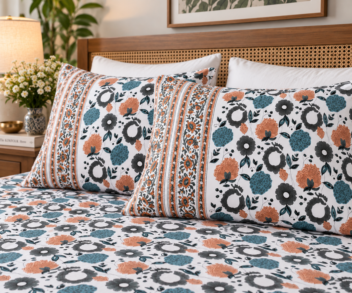A close-up of a bed styled with a white bedding set featuring a colorful floral and geometric pattern in teal, orange, and charcoal gray. The set includes two decorative patterned pillows with striped borders and a matching flat sheet, set against a wooden headboard with a bedside lamp and flowers in the background.