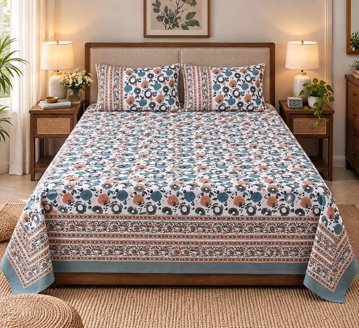 A neatly made bed in a warm, styled bedroom setting, featuring a white cotton sheet and matching pillowcases with a colorful floral and geometric pattern in teal, orange, and brown.