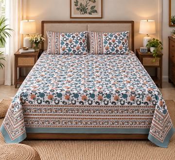 A neatly made bed in a warm, styled bedroom setting, featuring a white cotton sheet and matching pillowcases with a colorful floral and geometric pattern in teal, orange, and brown.