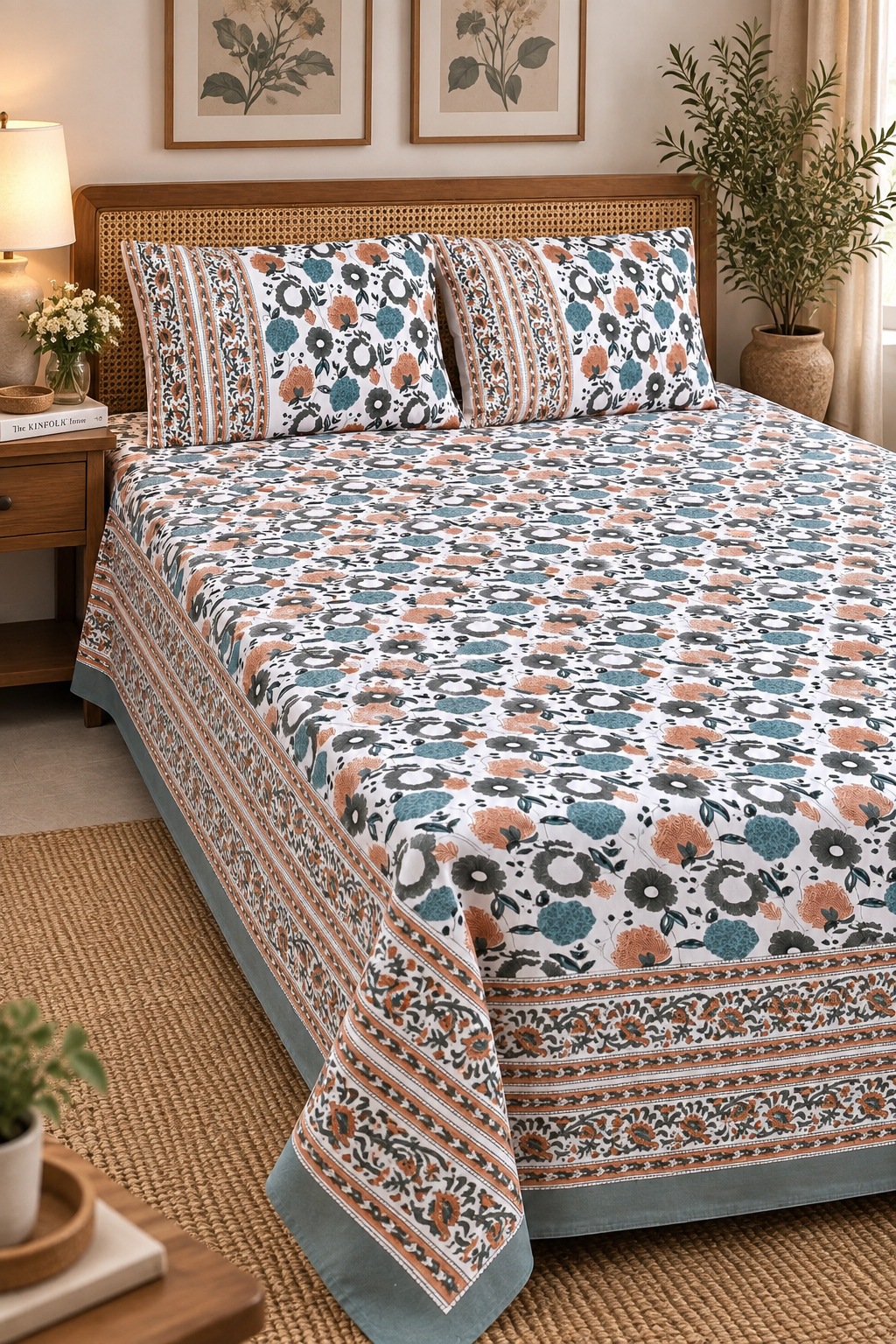 A bed dressed in a patterned cotton sheet and matching pillowcases, shown in a styled bedroom with a wooden headboard, bedside lamp, framed wall art, and potted plants.