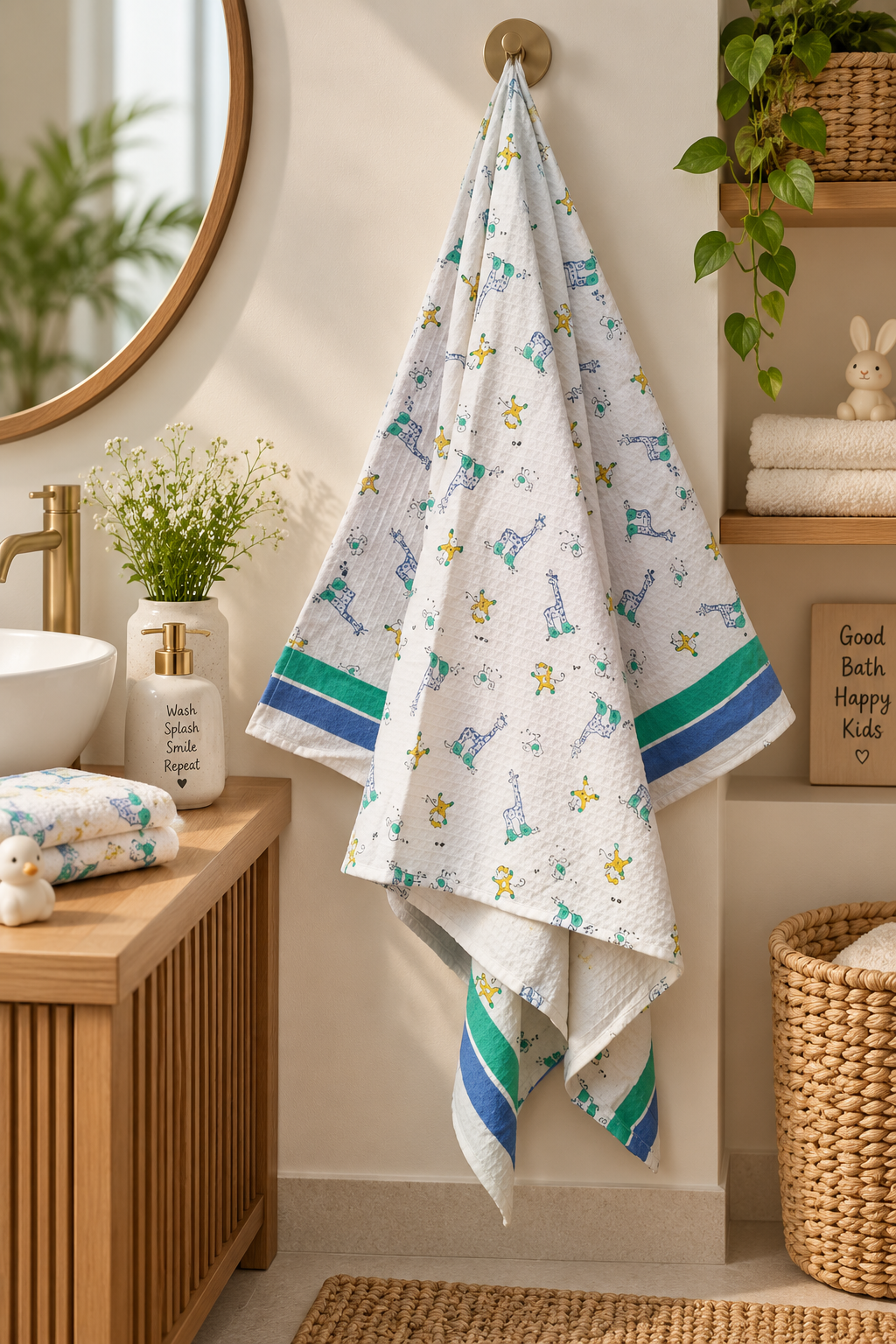 Safari Snuggles - Pure Cotton Hand Block Print Waffle Weave Kids Towel