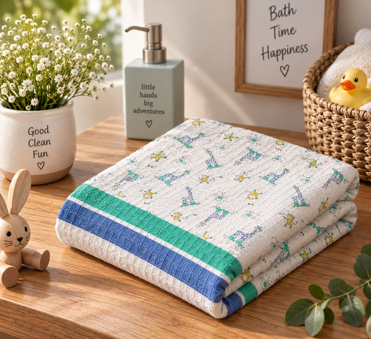 Safari Snuggles - Pure Cotton Hand Block Print Waffle Weave Kids Towel