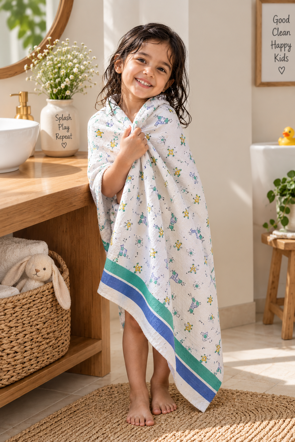 Safari Snuggles - Pure Cotton Hand Block Print Waffle Weave Kids Towel