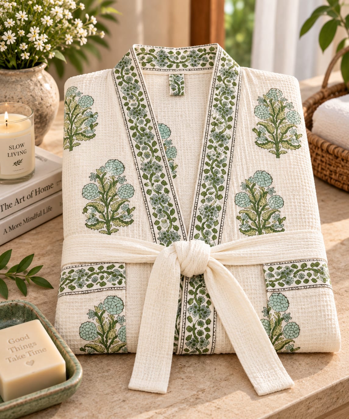 A folded cream-colored cotton robe with green botanical patterns and a matching tie belt, styled on a stone countertop with spa-themed props including a candle, soap dish, and flowers.