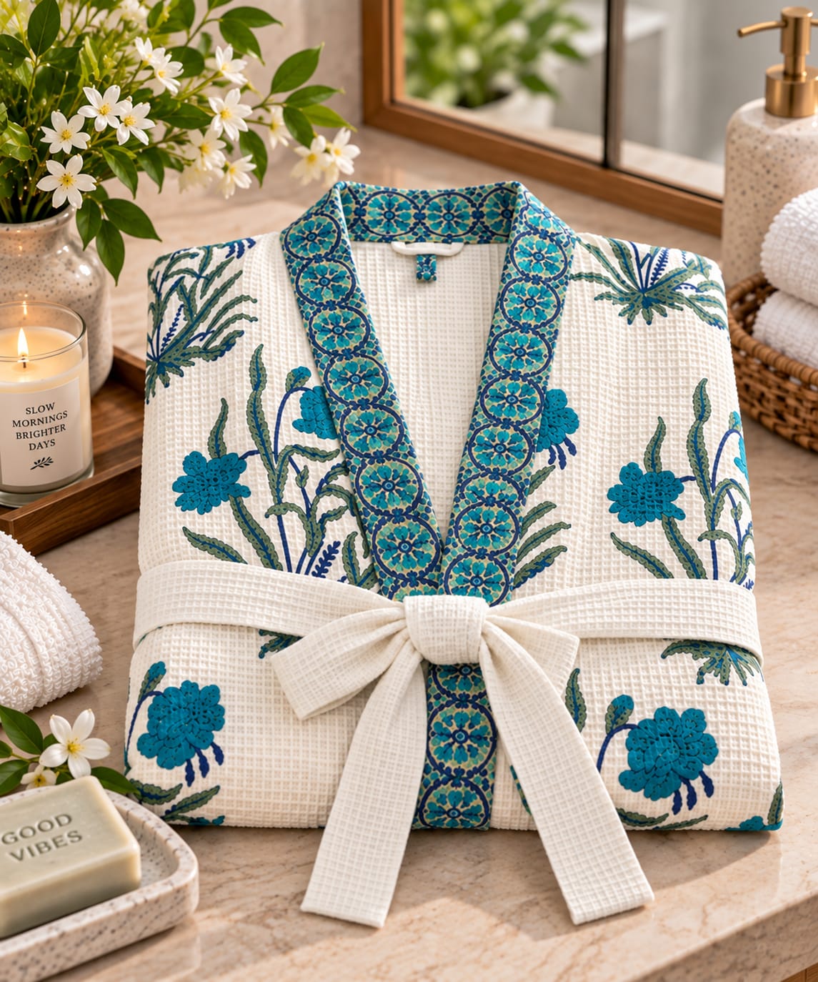 A folded waffle-weave bathrobe with a white base, teal and blue floral embroidery, and a matching patterned collar, tied with a white belt. The robe is styled on a marble countertop with spa props including a candle, soap bar, flowers, and a bottle of lotion.