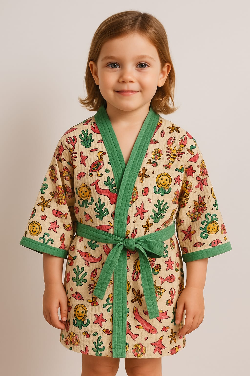 Simmi’s Emporium Marine Kingdom Kids Bathrobe – Hand Block Printed Cotton Waffle Weave with Sea Life Motifs