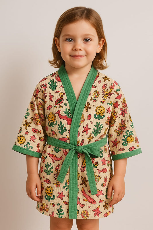 Simmi’s Emporium Marine Kingdom Kids Bathrobe – Hand Block Printed Cotton Waffle Weave with Sea Life Motifs