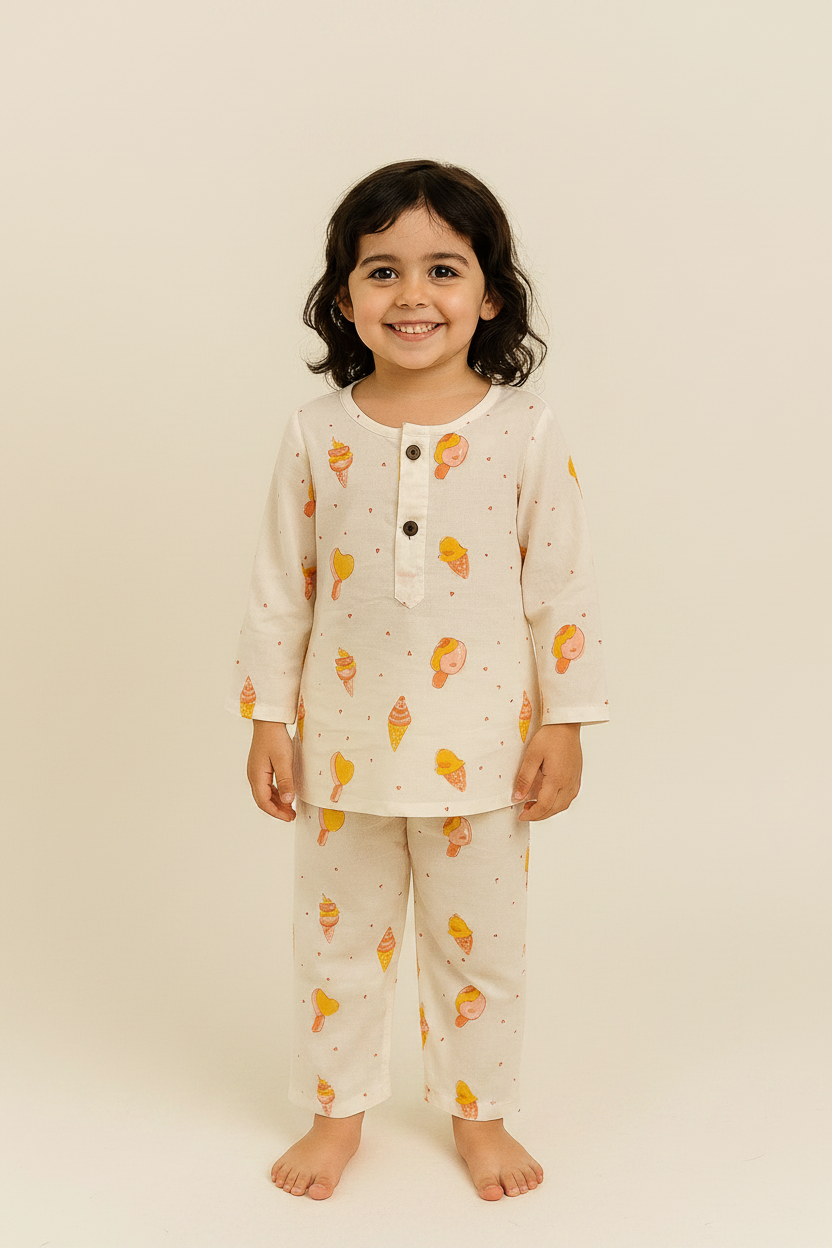 Child wearing a cream-colored pajama set with ice cream pattern on a plain background