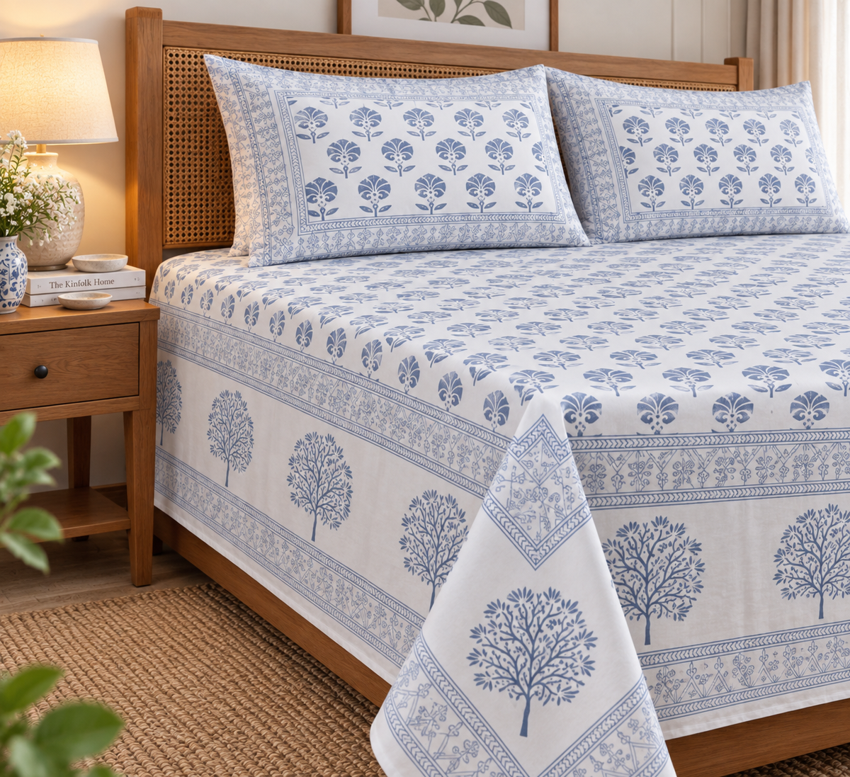 A neatly made bed with a white cotton bedding set featuring a blue tree and floral block print, styled in a warm bedroom setting with a wooden headboard, bedside lamp, and woven rug.