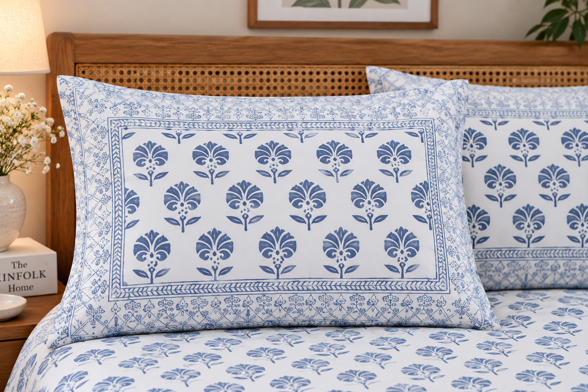 Blue and white block-printed cotton bedding set with matching pillowcases on a wooden bed frame.