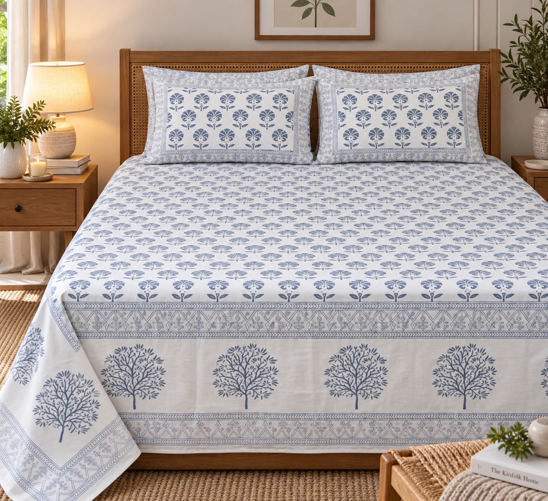A neatly made bed with a white bedsheet and matching pillowcases featuring a blue tree and floral block print pattern, styled in a warm, rustic bedroom setting with wooden furniture and bedside lamps.