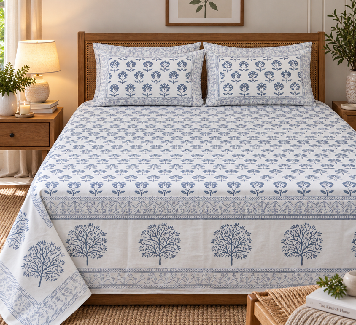 A neatly made bed with a white bedsheet and matching pillowcases featuring a blue tree and floral block print pattern, styled in a warm, rustic bedroom setting with wooden furniture and bedside lamps.