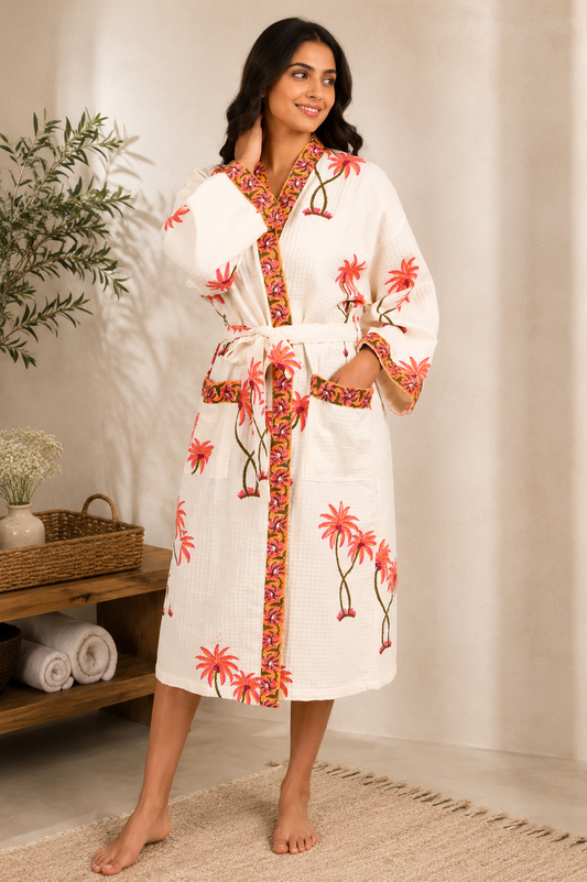 Woman wearing a white robe with floral patterns in a room setting.