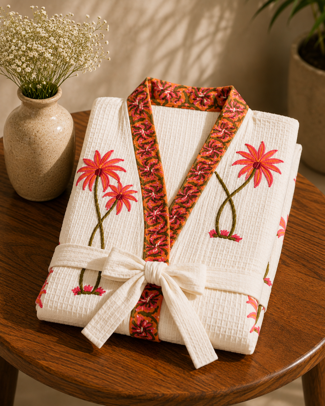 Tropical Bloom - Hand Block Print Pure Cotton Waffle Weave Bathrobe