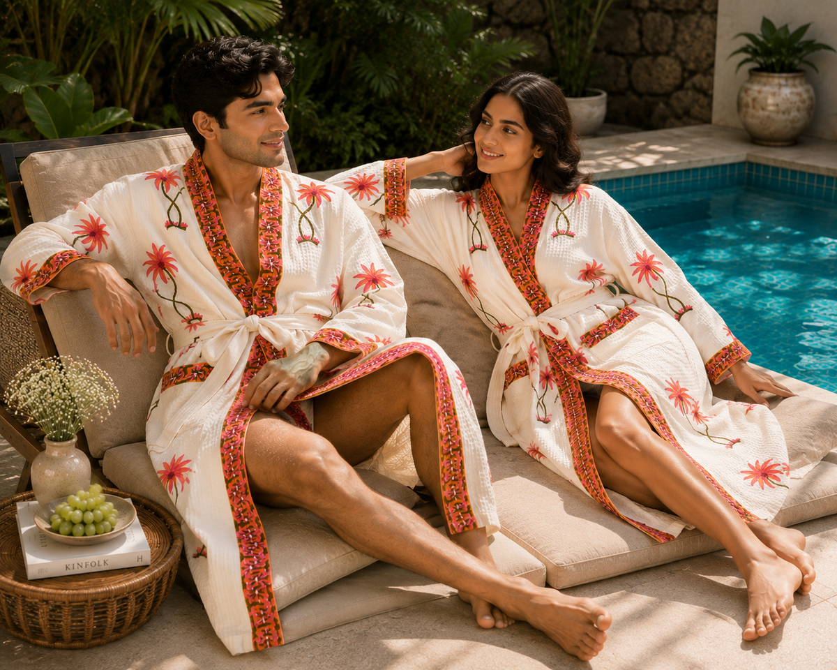 Tropical Bloom - Hand Block Print Pure Cotton Waffle Weave Bathrobe