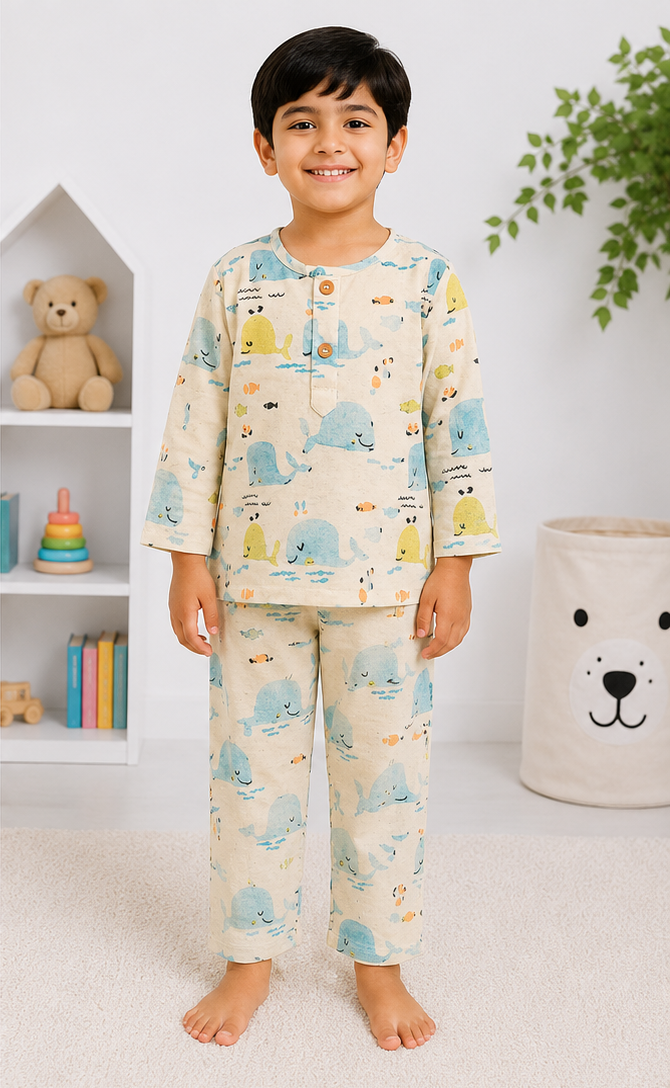 Little Ocean Explorer – Hand Block Printed Mul Cotton Sleepwear Set
