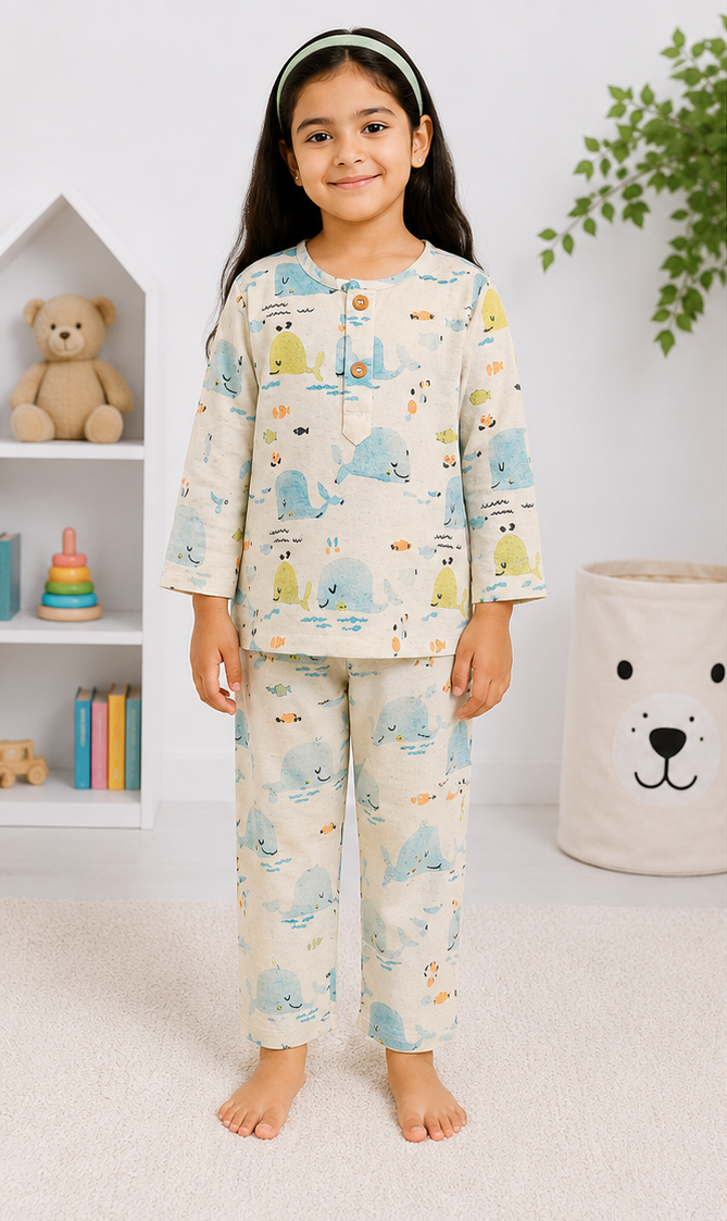 Little Ocean Explorer – Hand Block Printed Mul Cotton Sleepwear Set