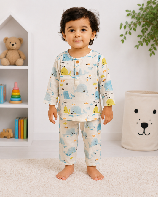 Little Ocean Explorer – Hand Block Printed Mul Cotton Sleepwear Set