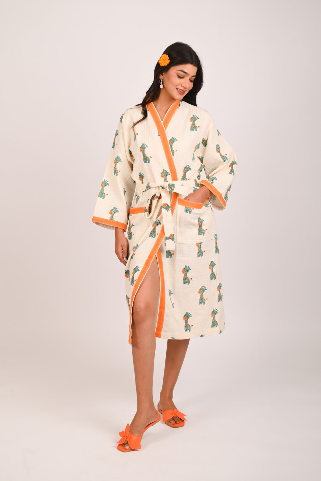 Giraffi Glam Hand Block Print Pure Cotton Bathrobe