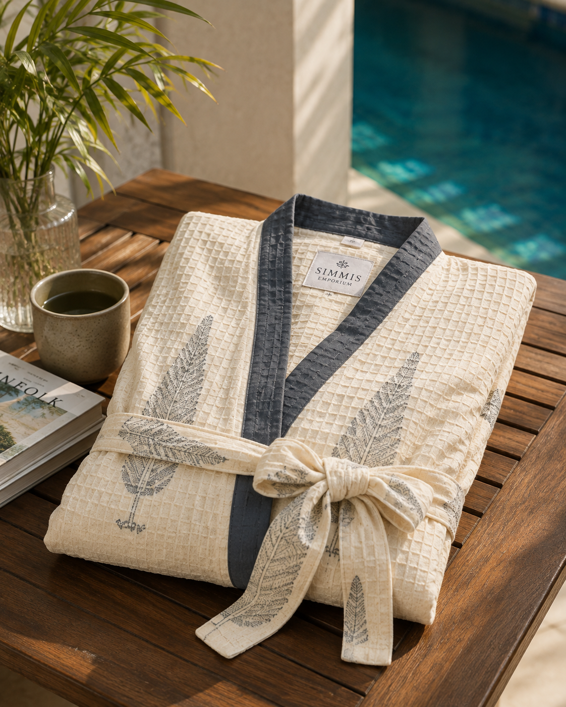 Silver Fern- Hand Block Print Pure Cotton Waffle Weave Bathrobe