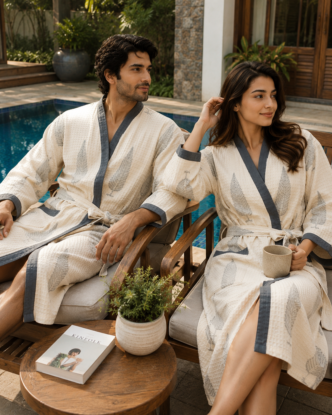 Silver Fern- Hand Block Print Pure Cotton Waffle Weave Bathrobe