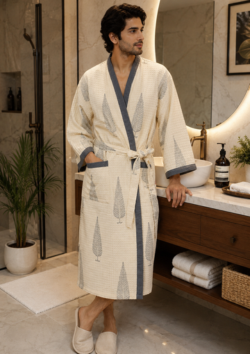 Silver Fern- Hand Block Print Pure Cotton Waffle Weave Bathrobe