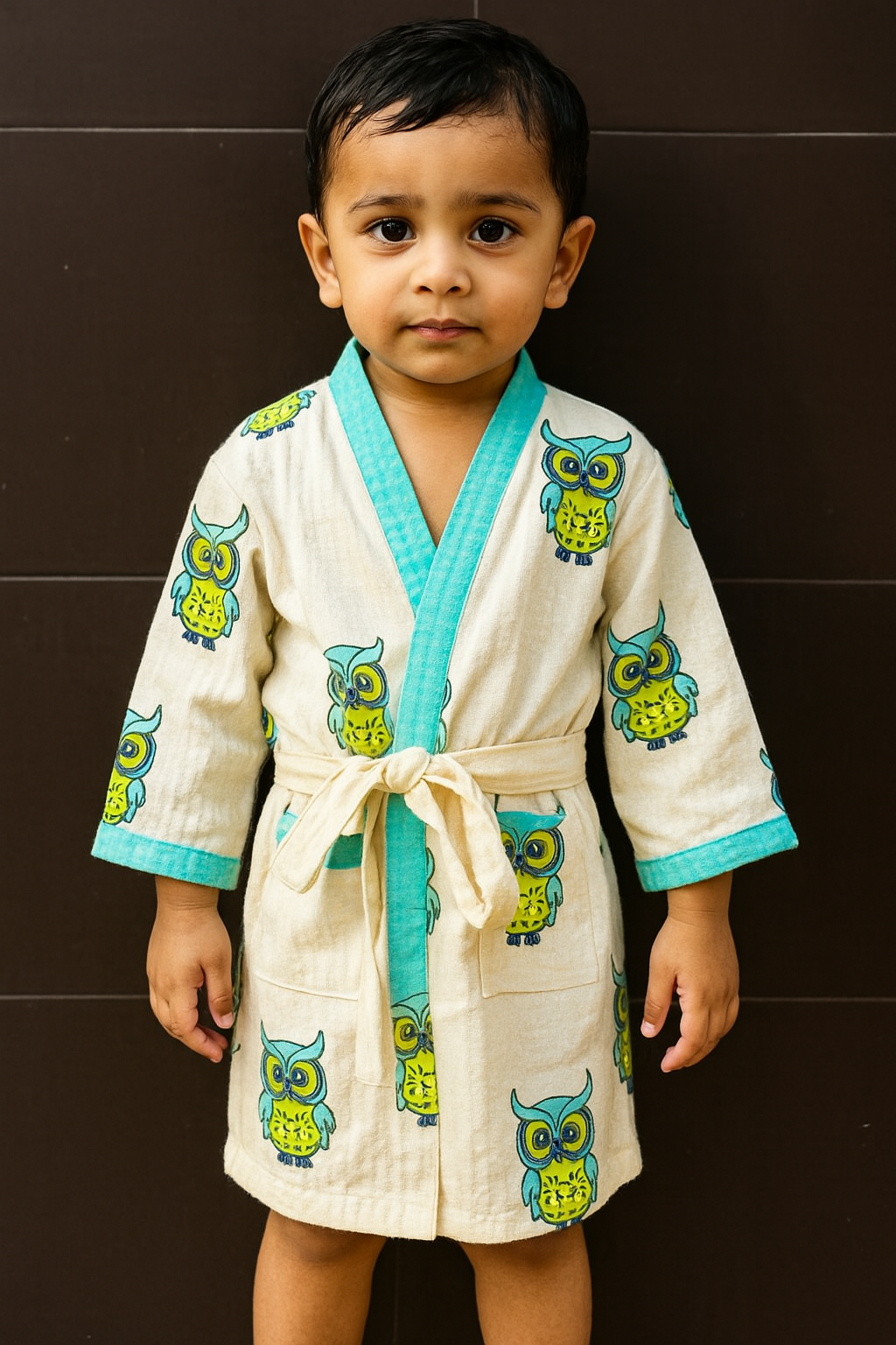 Simmi’s Emporium Hoot & Hug Kids Cotton Bathrobe – Hand Block Print Waffle Weave