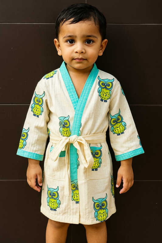 Simmi’s Emporium Hoot & Hug Kids Cotton Bathrobe – Hand Block Print Waffle Weave