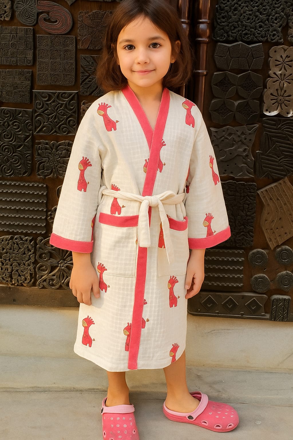 Simmi’s Emporium Giggly Giraffe Kids Bathrobe – Hand Block Printed Cotton Muslin with Giraffe Motifs
