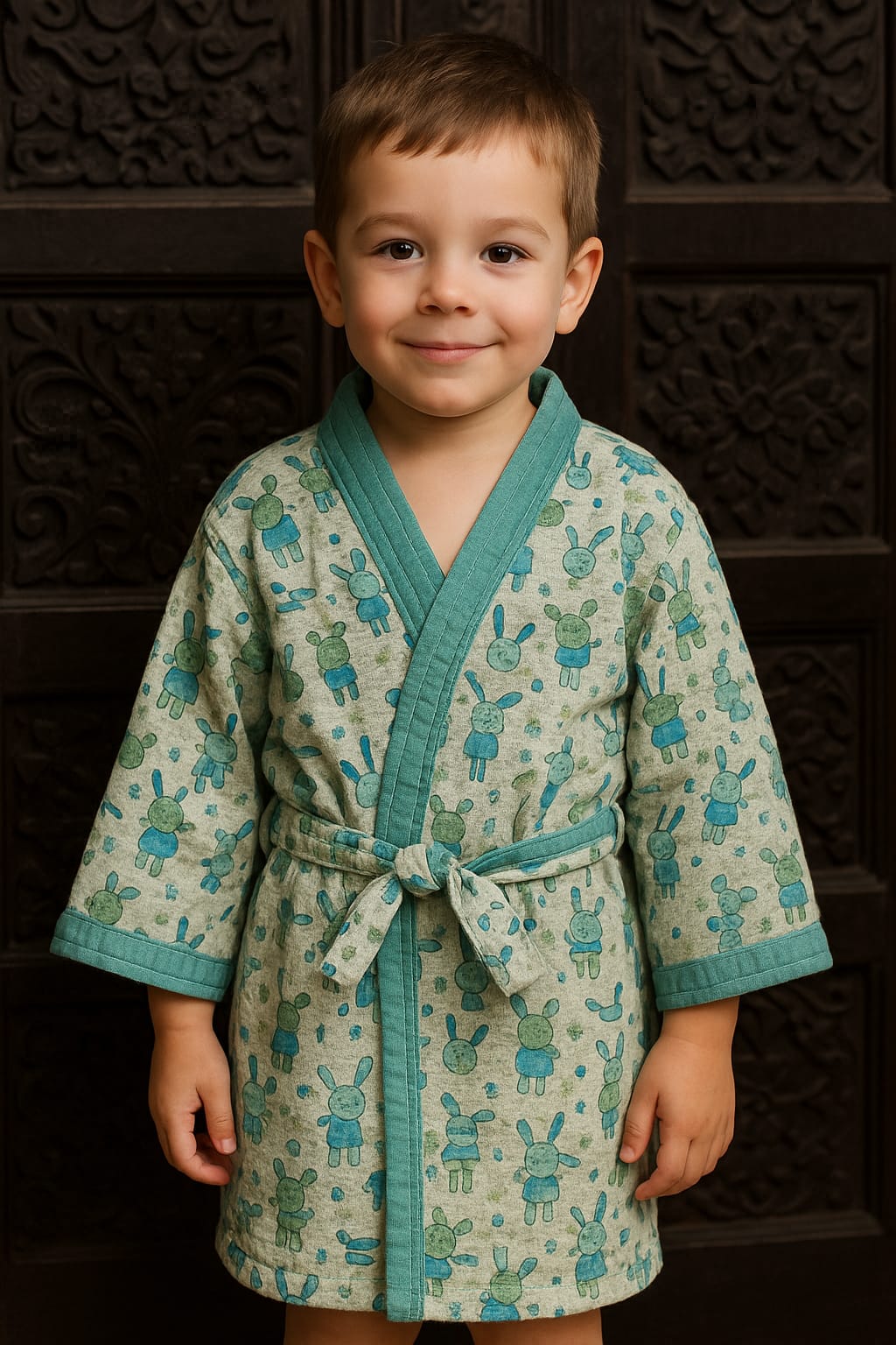 Simi’s Emporium Snuggle N' Splash Bunny Bliss Kids Bathrobe – Pure Cotton Hand Block Print, Lightweight & Cozy