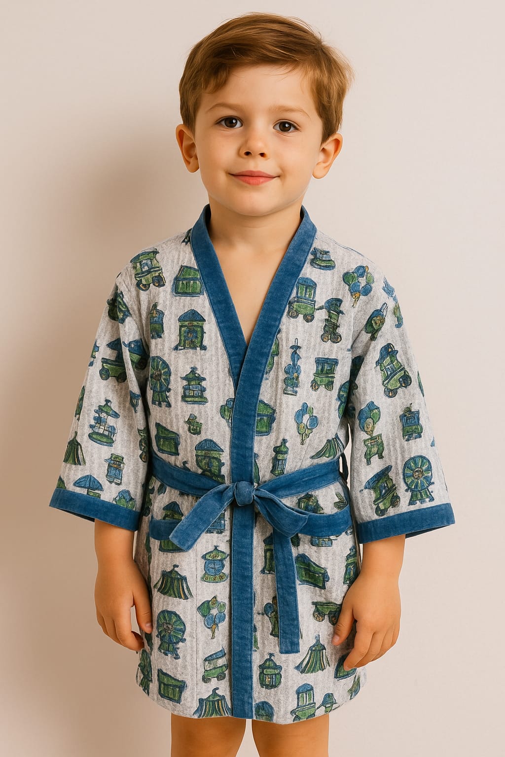 Simmi’s Emporium Carnival Charm Kids Bathrobe – Hand Block Printed Cotton Waffle Weave with Fairground Motifs