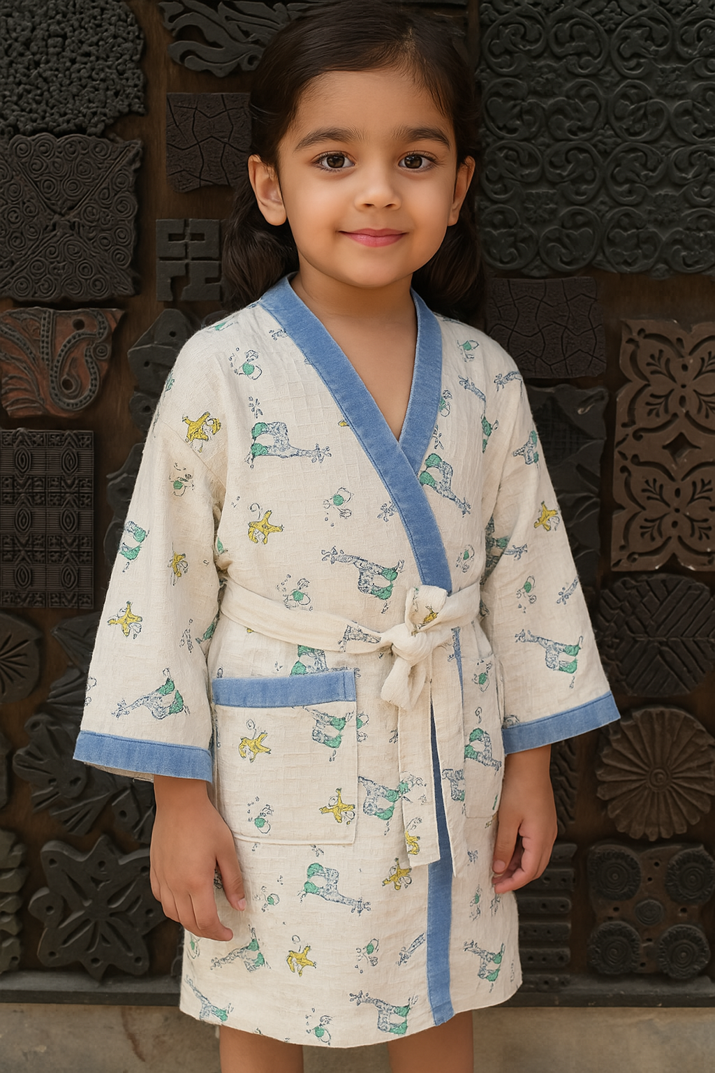 Jungle Cuddles Hand Block Print Waffle Weave Bathrobe