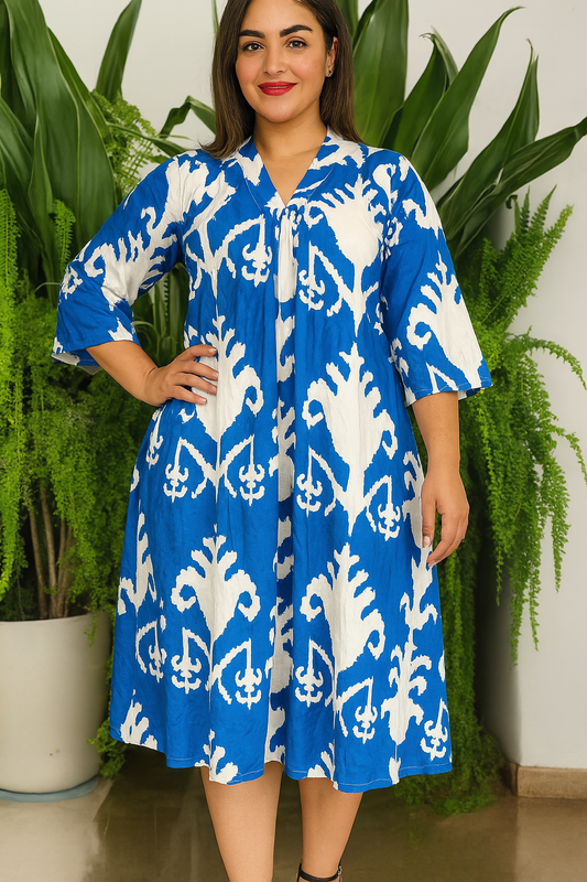 Ocean Whisper Tropical Pure Cotton Dress – Handcrafted Breezy Summer Dress in Soothing Blue Hues