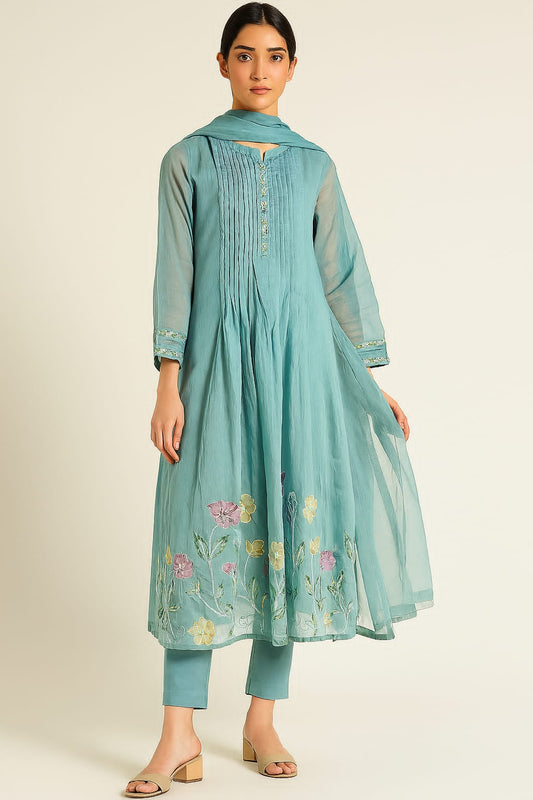Sale now LIVE! Simmi’s Emporium Neel Pushpa Suit Set – Teal Organza Kurta with Floral Embroidery & Matching Dupatta