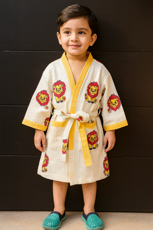 Simmi’s Emporium Cub N' Crown Kids Cotton Waffle Weave Bathrobe – Hand Block Print
