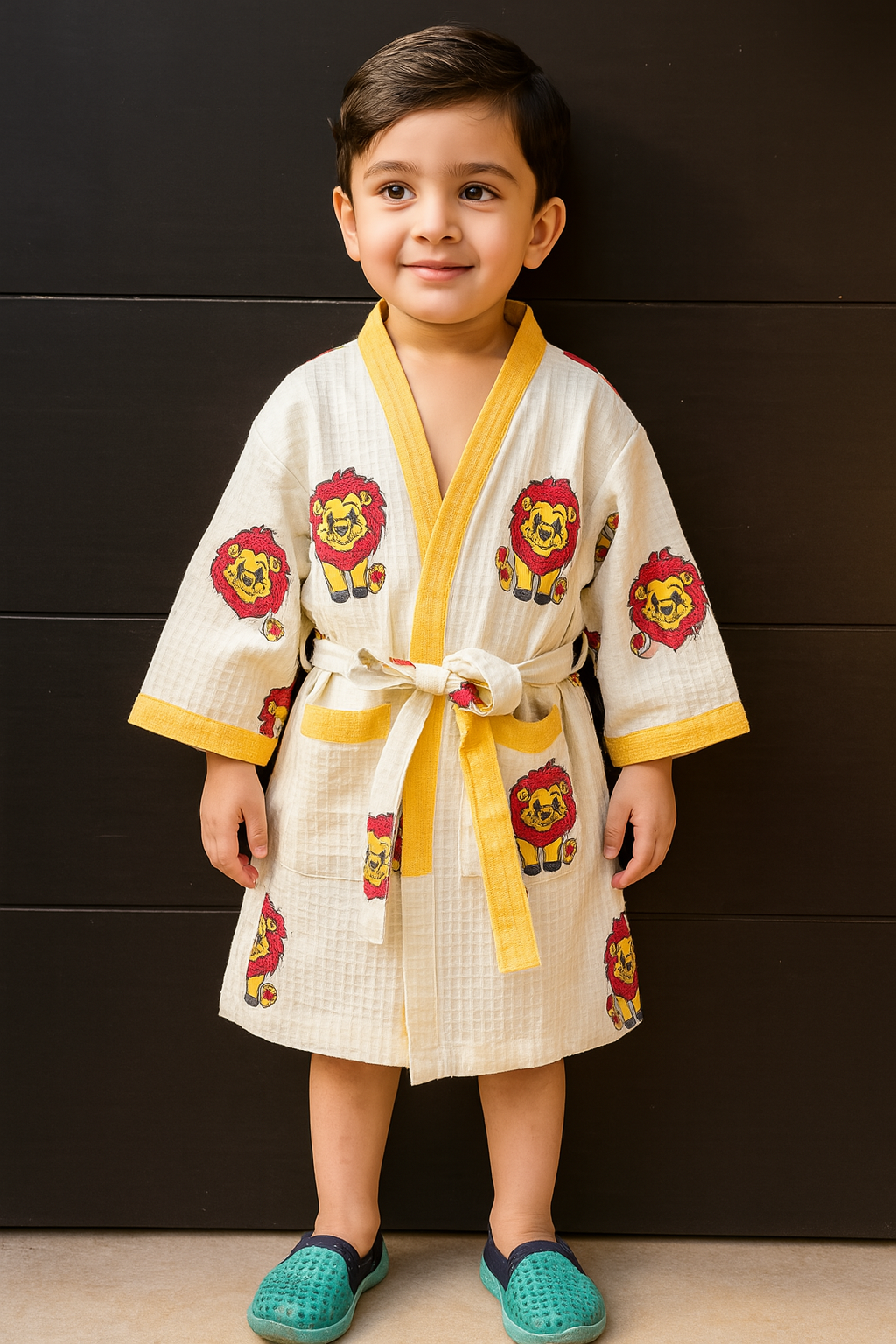 Cub N' Crown Pure Cotton Hand Block Print Waffle Weave Kids Bathrobe