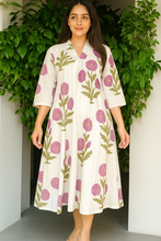 Load image into Gallery viewer, Lavender Bloom Tropical Pure Cotton Dress – Handcrafted Breezy Summer Wear in Soothing Pastel Hues
