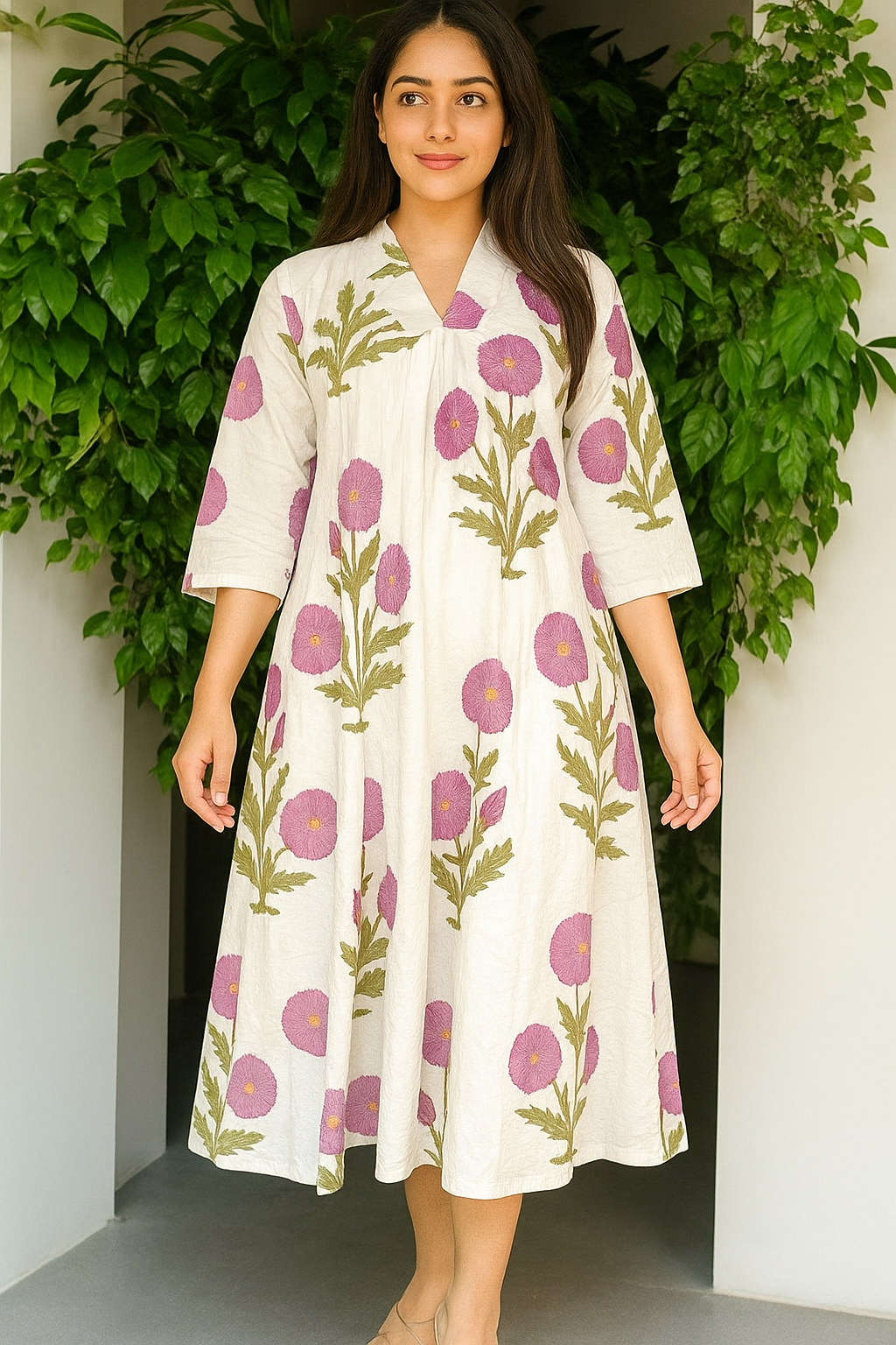 Lavender Bloom Tropical Pure Cotton Dress