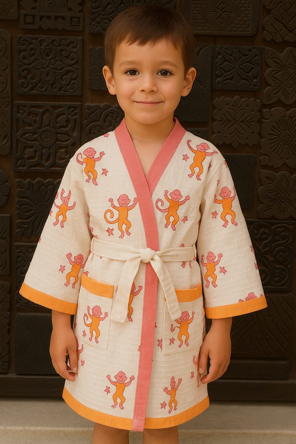 Simmi’s Emporium Monkey Mischief Kids Bathrobe – Hand Block Printed Cotton Muslin with Monkey & Star Motifs