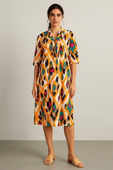 Sunset Ikkat Tropical Pure Cotton Dress – Handcrafted Breezy Summer Dress with Traditional Ikkat Print