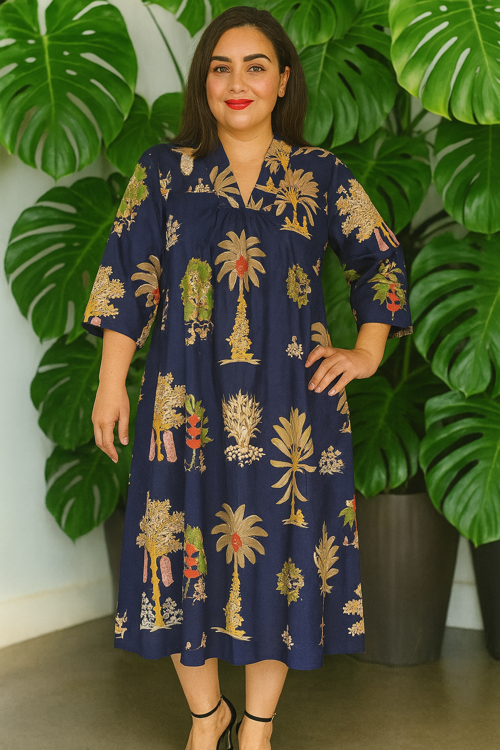 Midnight Palms Tropical Pure Cotton Dress – Handcrafted Breezy Summer Dress in Deep Tropical Hues