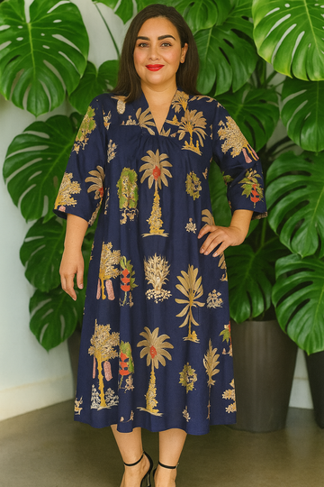 Midnight Palms Tropical Pure Cotton Dress – Handcrafted Breezy Summer Dress in Deep Tropical Hues