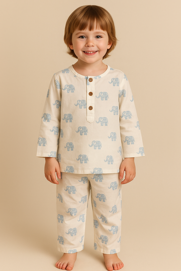 Tiny Tusker Kids Nightwear Set – Hand Block Printed Cotton Elephant Sleepwear